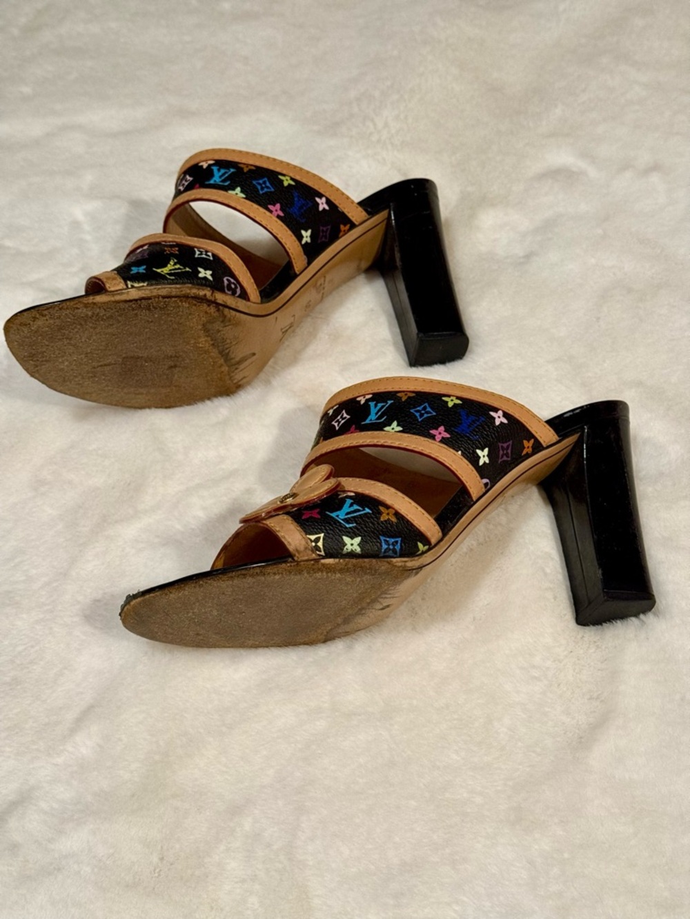 Louis Vuitton Black Multicolor Monogram Flower Mules Size 39 Vintage Authentic - Picture 4 of 10